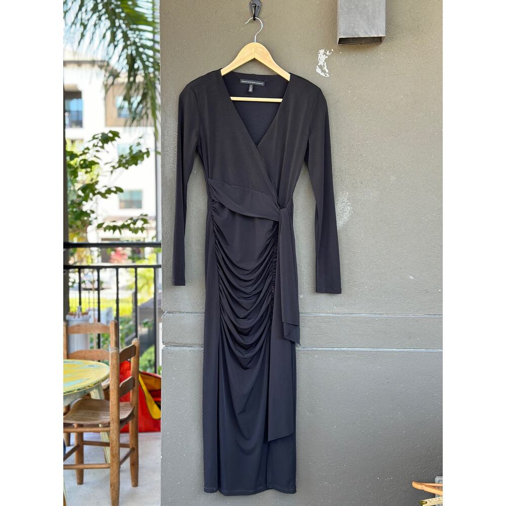 White House Black Market 00 Black Dress Long Sleeve Matte Jersey Faux Wrap Midi